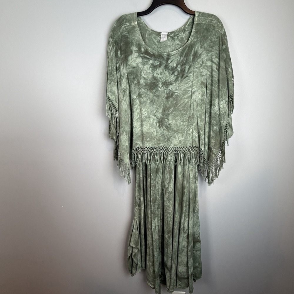 Boho Sage Green Tie Dye Fringe Maxi Dress Asymmetrical Hem Pockets Large